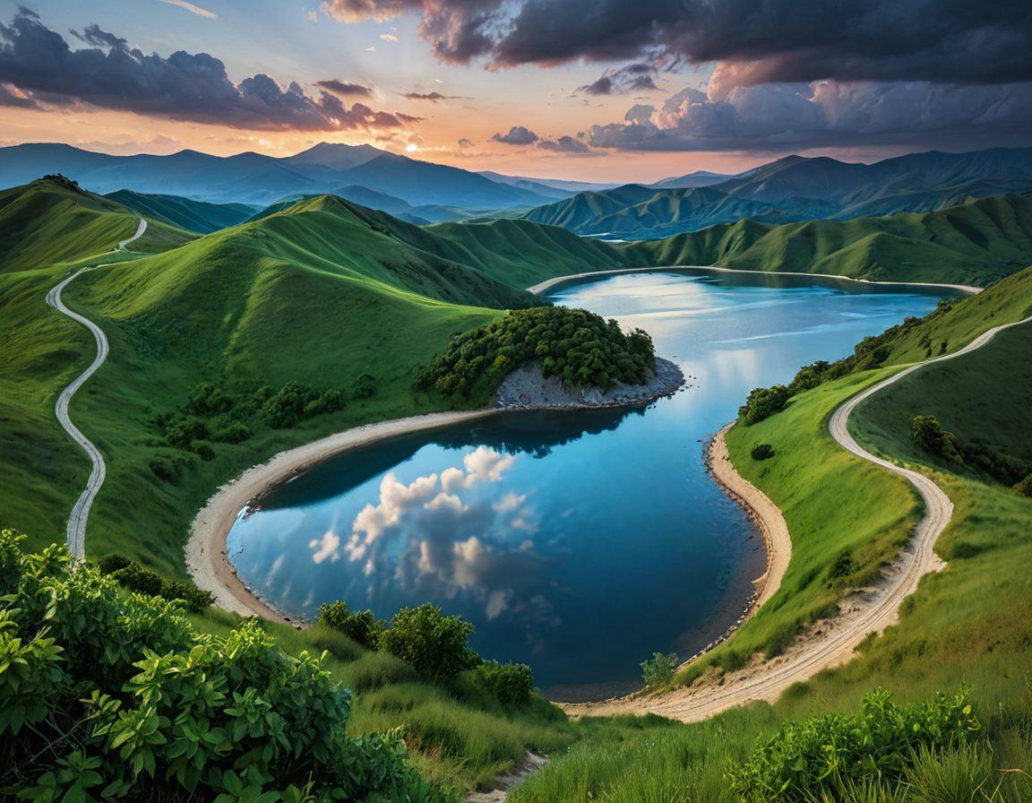 An abstract visual representation of a diversified mutual fund portfolio, featuring multiple interconnected pathways leading to various financial symbols like stocks, bonds, and commodities, all enveloped in a peaceful landscape of rolling hills and calm waters. Include a compass symbolizing navigation through risks and a gradient sky transitioning from stormy gray to clear blue, illustrating growth. vibrant colors. 3D.