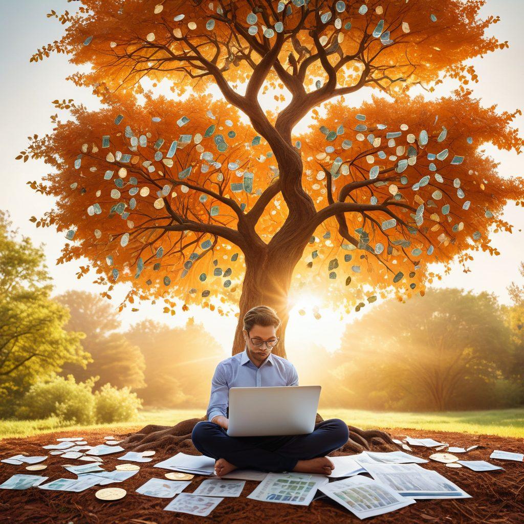 A serene landscape depicting a tree representing financial growth, with branches of money symbols and leaves shaped like coins. In the foreground, a thoughtful person analyzing graphs and charts on a laptop, surrounded by books on investing. Soft sunlight casts a warm glow, symbolizing hope and prosperity. super-realistic. vibrant colors. white background.