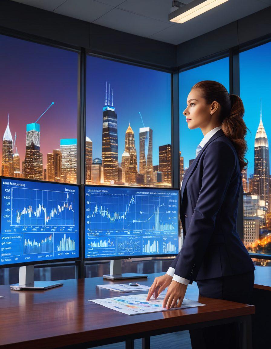 A confident individual analyzing financial charts and graphs in a modern office setting, surrounded by floating symbols of mutual funds like dollar signs and upward arrows. Incorporate a glowing lightbulb above their head to symbolize innovative investment ideas. The background features a sleek city skyline and a clear blue sky. super-realistic. vibrant colors. dynamic composition.